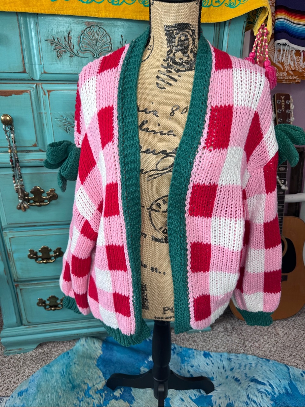 BiBi Pink, Red & Green Checkered Hand-Knit Cardigan